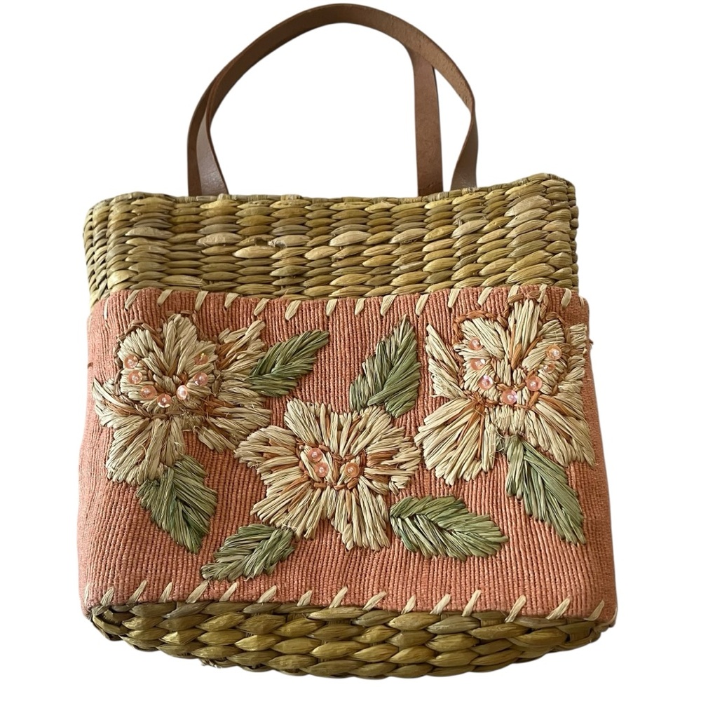 Vintage y2k Woven Straw‎ Rattan Purse Floral Leather Handles by Q&A